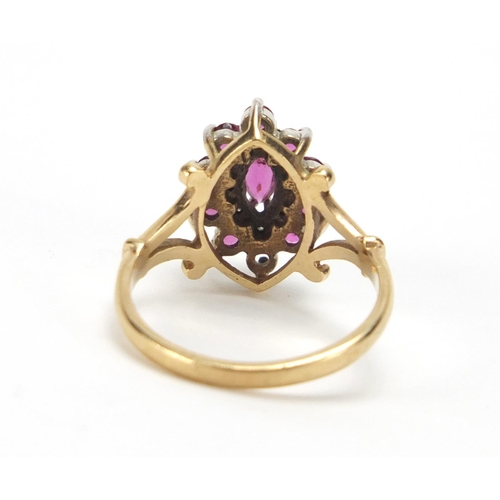 249 - 9ct gold diamond and pink stone ring, size Q