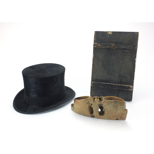 129 - Gentleman's top hat, oil on a lacquered panel and a carved stone brush washer