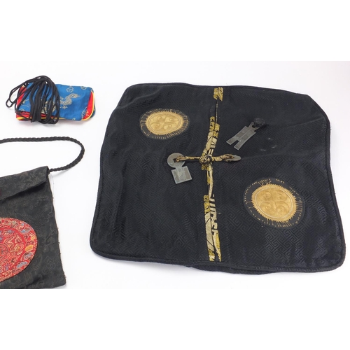 571 - Oriental objects including embroidered bags, chopsticks with metal inlay and a terracotta pot pourri