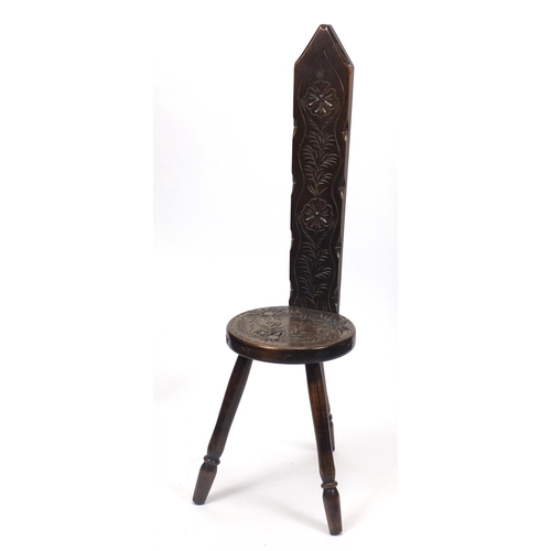 46 - Carved tripod stool, engraved Carved by Hand at the Studio of Art & Antiquity Torbay, Devon