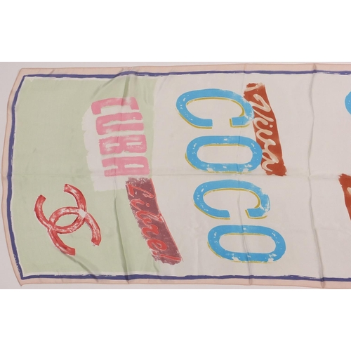 2050 - Chanel silk scarf with box having a viva coco Cuba design, 178cm x 68cm