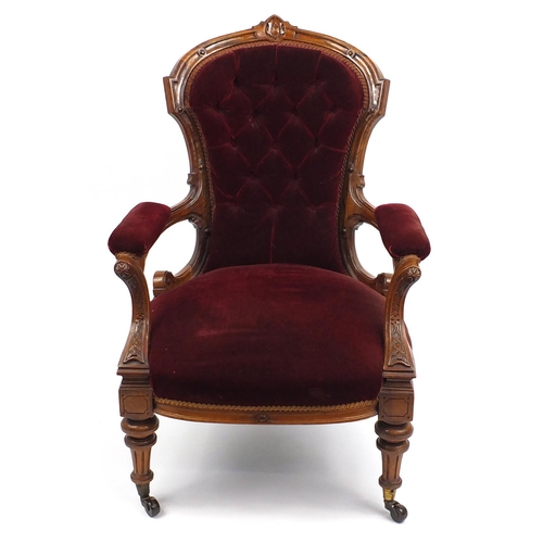 2003 - Victorian walnut gentleman's chair with red velvet button back upholstery, 100cm high