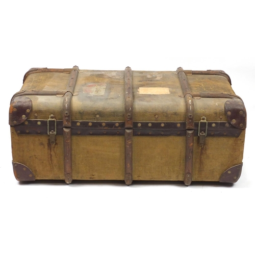 2034 - Vintage wooden bound canvas travelling trunk with carrying handles and lift out tray, 31cm H x 86cm ... 