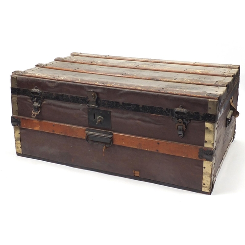 2032 - Vintage wooden bound travelling trunk with carrying handles and lift out tray, 33cm H x 77cm W x 48c... 