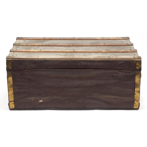 2032 - Vintage wooden bound travelling trunk with carrying handles and lift out tray, 33cm H x 77cm W x 48c... 