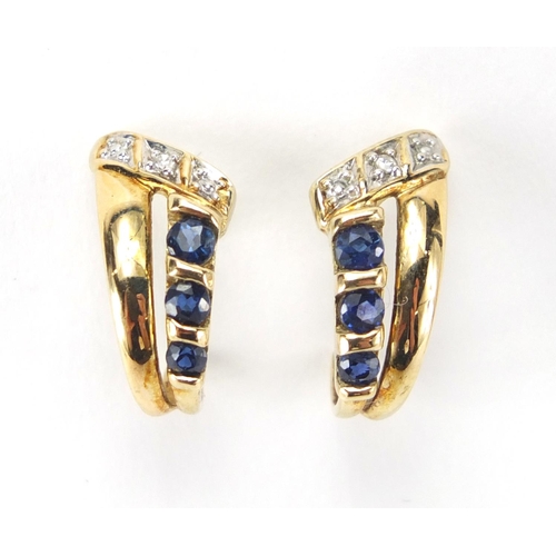 2453 - Pair of 9ct gold sapphire and diamond earrings, 1.5cm in length, approximate weight 2.3g