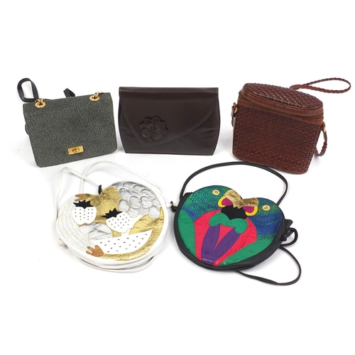2046 - Five Russell & Bromley handbags including parrot and fruit design examples