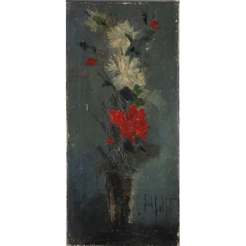 2064 - Still life flowers in a vase, oil on canvas, bearing a signature Bernard Buffet, unframed, 66cm x 31... 