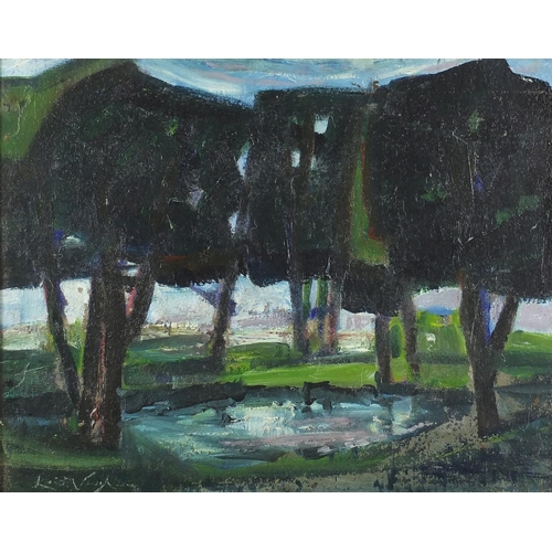 2062 - Trees surrounding a pond, oil on canvas board, bearing an indistinct signature, mounted and framed, ... 