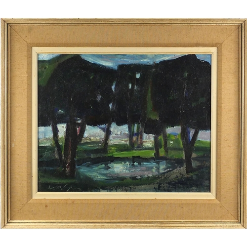 2062 - Trees surrounding a pond, oil on canvas board, bearing an indistinct signature, mounted and framed, ... 