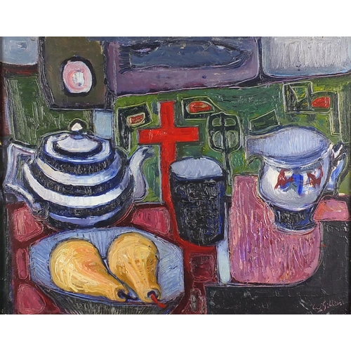 2025 - Abstract composition, still life items on a table, oil on board, bearing a signature Gillas, framed,... 
