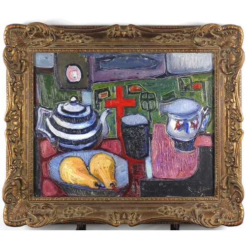 2025 - Abstract composition, still life items on a table, oil on board, bearing a signature Gillas, framed,... 