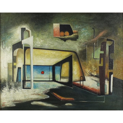 2065 - After John Tunnard - Surreal abstract composition, oil on canvas, inscribed verso, framed, 50cm x 39... 