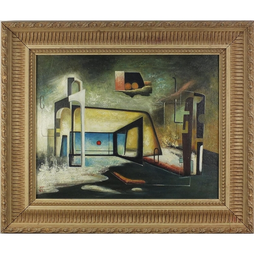 2065 - After John Tunnard - Surreal abstract composition, oil on canvas, inscribed verso, framed, 50cm x 39... 