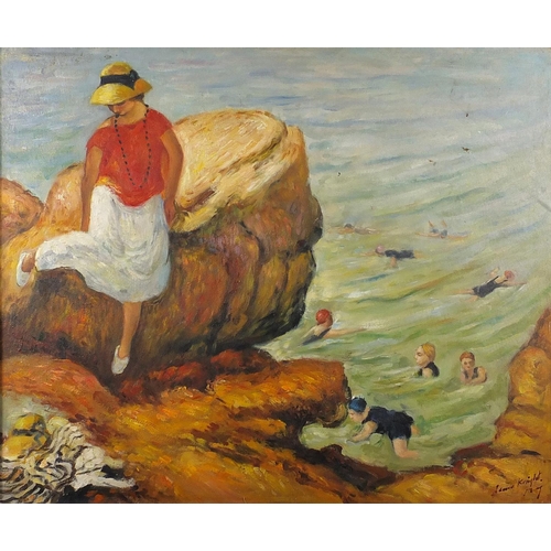 2026 - Female on rocks before figures swimming in the sea, oil on board, bearing a signature Laura Knight, ... 