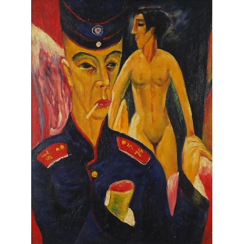 2061 - Man smoking a cigarette before a nude female, German expressionist oil on board, bearing an inscript... 