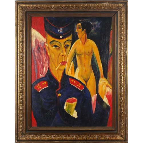 2061 - Man smoking a cigarette before a nude female, German expressionist oil on board, bearing an inscript... 