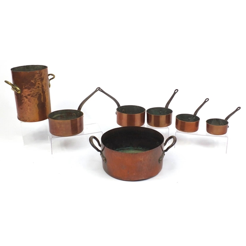 2059 - Copper ware comprising graduated set of five saucepans, asparagus pan and preserve pan, the largest ... 