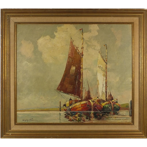 2063 - Style of Doyly John - Moored boats, oil on canvas board, mounted and framed, 70cm x 59cm