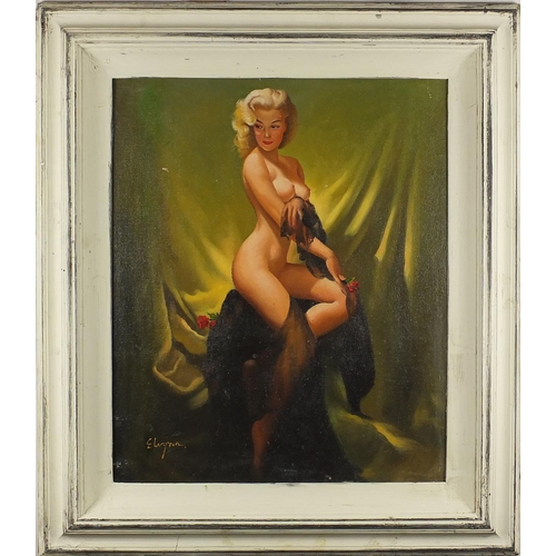 2029 - Nude pin up girl, American school, oil on board, bearing a signature Elegren, framed, 60cm x 50cm
