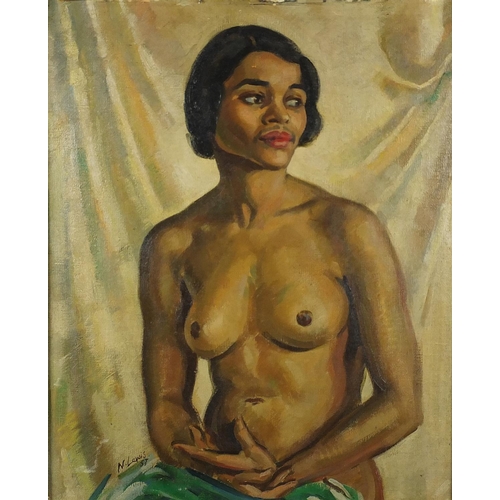 2066 - ** WITHDRAWN FROM SALE ** Top half portrait of a nude figure, African school oil on board, bearing a... 