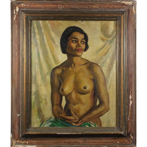 2066 - ** WITHDRAWN FROM SALE ** Top half portrait of a nude figure, African school oil on board, bearing a... 