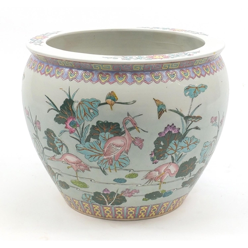 2054 - Large Chinese porcelain fish bowl hand painted in the Famille rose palette with flamingos, flowers a... 