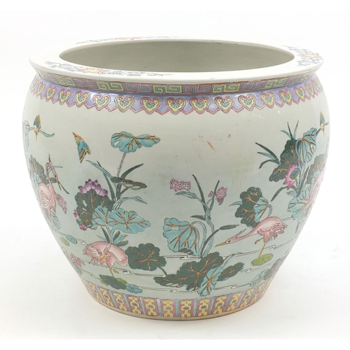 2054 - Large Chinese porcelain fish bowl hand painted in the Famille rose palette with flamingos, flowers a... 