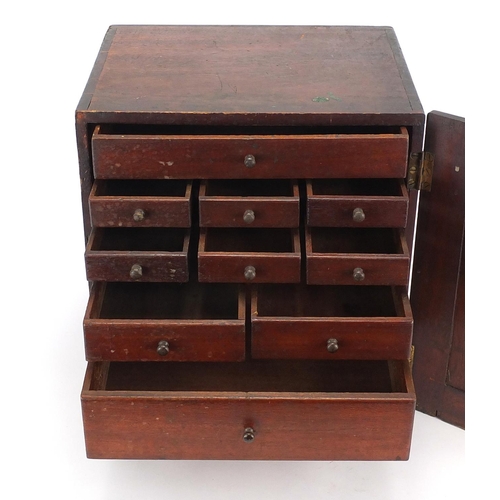 37 - Mahogany specimen chest, the hinged door enclosing ten drawers, 33cm H x 31cm W x 26cm D