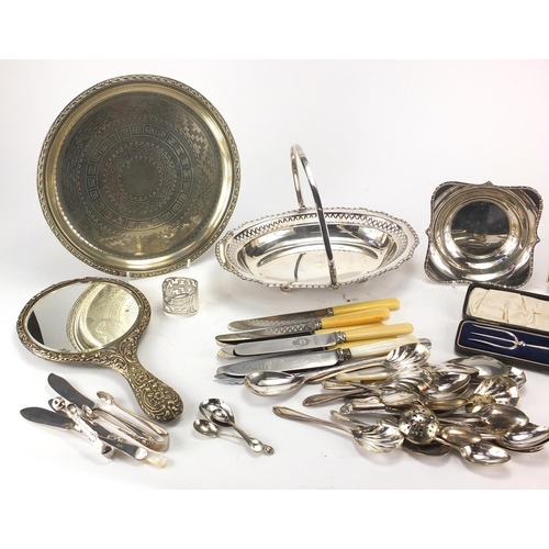 199 - Silver plated items including Christofle forks, hand mirror and basket