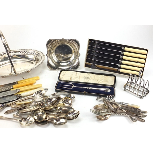 199 - Silver plated items including Christofle forks, hand mirror and basket