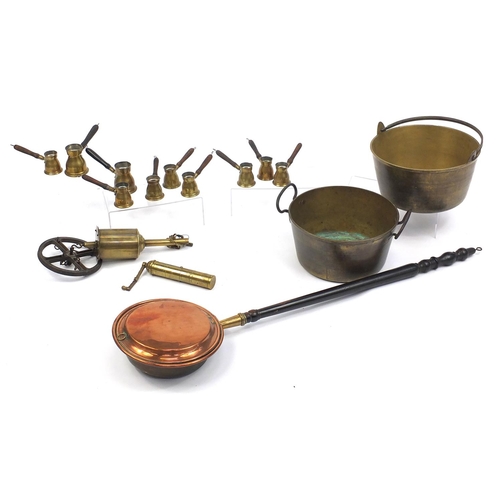 218 - Brass and copper including preserve pots, copper bed warmer and coffee grinder