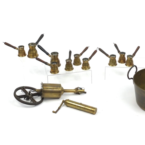 218 - Brass and copper including preserve pots, copper bed warmer and coffee grinder