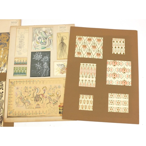 437 - Group of textile designs, some with examinations of Art 1952 labels, each display mounted and 79cm x... 