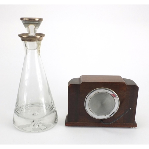 153 - Modern silver mounted glass decanter and a Ferranti electric mantel clock