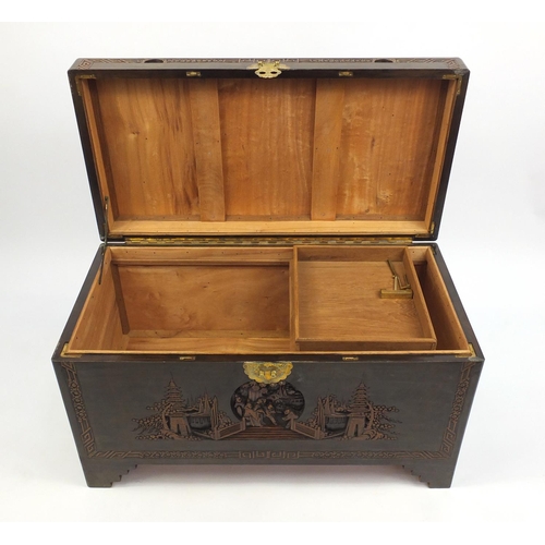 9 - Chinese carved camphorwood chest, 60cm H x 100cm W x 52cm D