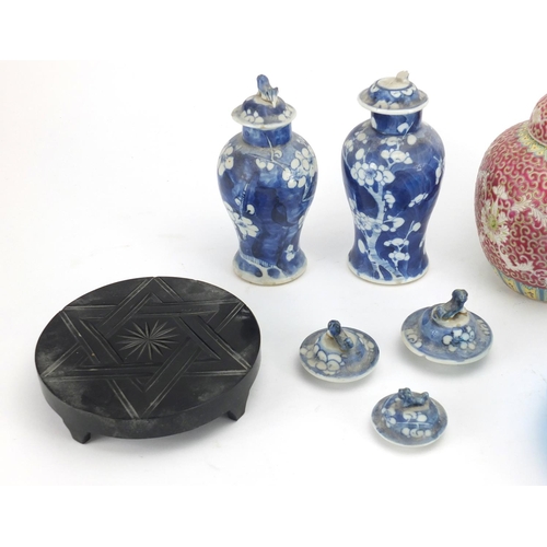 558 - China and glassware including a pair of Chinese blue and white baluster shaped vases with covers and... 