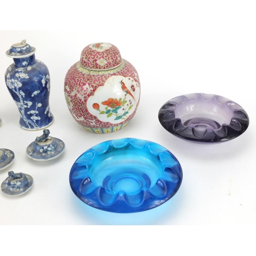 558 - China and glassware including a pair of Chinese blue and white baluster shaped vases with covers and... 