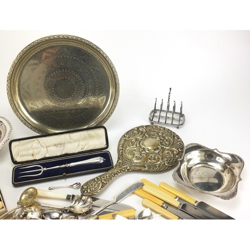 199 - Silver plated items including Christofle forks, hand mirror and basket