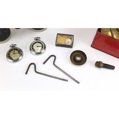 413 - Miscellaneous items including binoculars, two Ingersoll pocket watches and a 1916 silver medallion