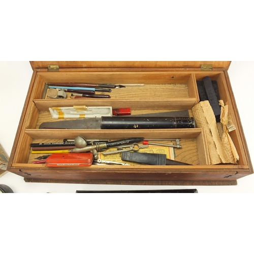 414 - Collection of drawing equipment including pens, rules and tape measures