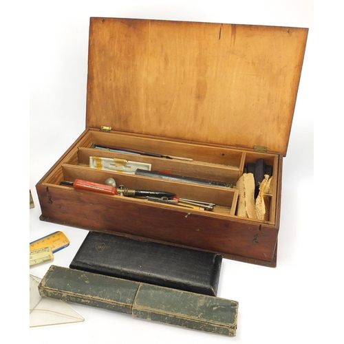 414 - Collection of drawing equipment including pens, rules and tape measures