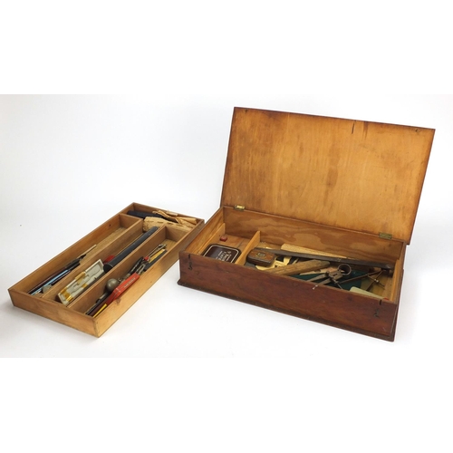 414 - Collection of drawing equipment including pens, rules and tape measures