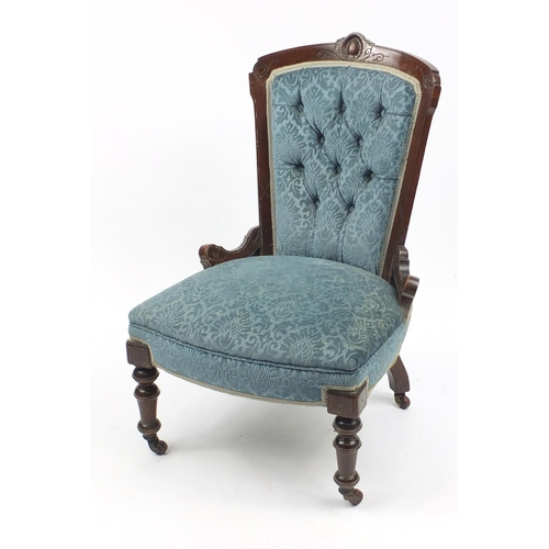 12 - Victorian walnut framed bedroom chair with blue button back upholstery