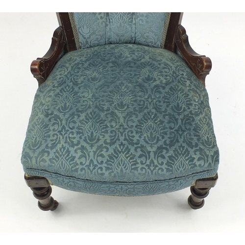 12 - Victorian walnut framed bedroom chair with blue button back upholstery