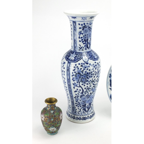 474 - Asian items including blue and white vase, plate and a bronze vase, the largest 43cm high