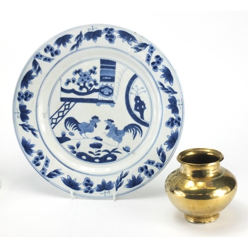 474 - Asian items including blue and white vase, plate and a bronze vase, the largest 43cm high