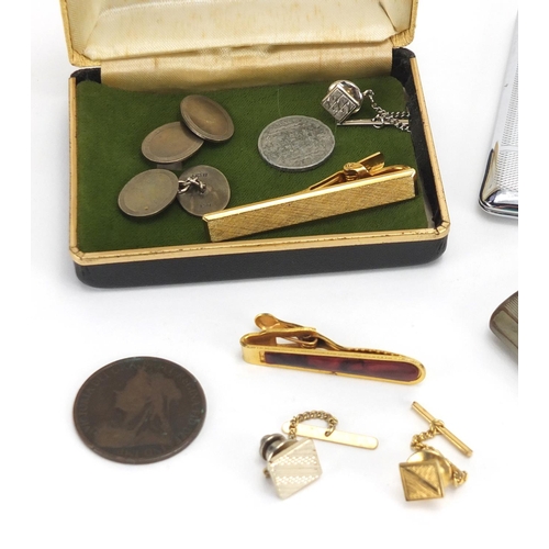 384 - Bag of objects including silver cufflinks, pocket watches, ARP whistle and a cigarette case