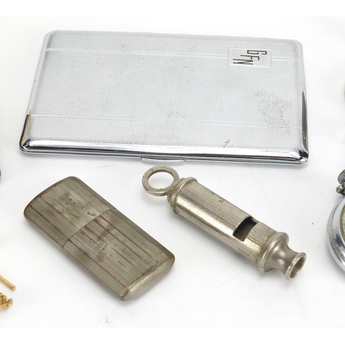 384 - Bag of objects including silver cufflinks, pocket watches, ARP whistle and a cigarette case