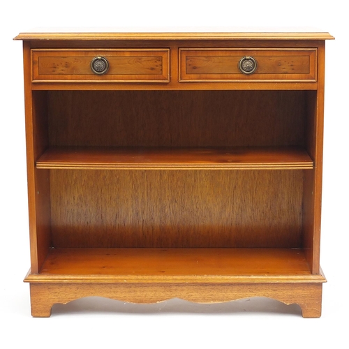 35 - Yew dwarf open bookcase fitted with a pair of frieze drawers above an adjustable shelf, 73cm H x 77c... 